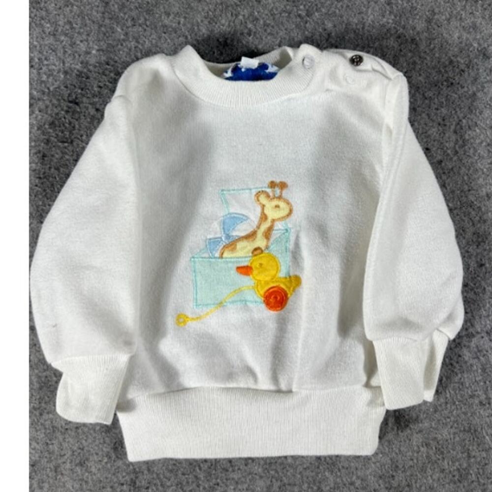 VTG 80s Baby Kisses Sweater Infant 6/9mos White Snap Crewneck Giraffe Duck Toy